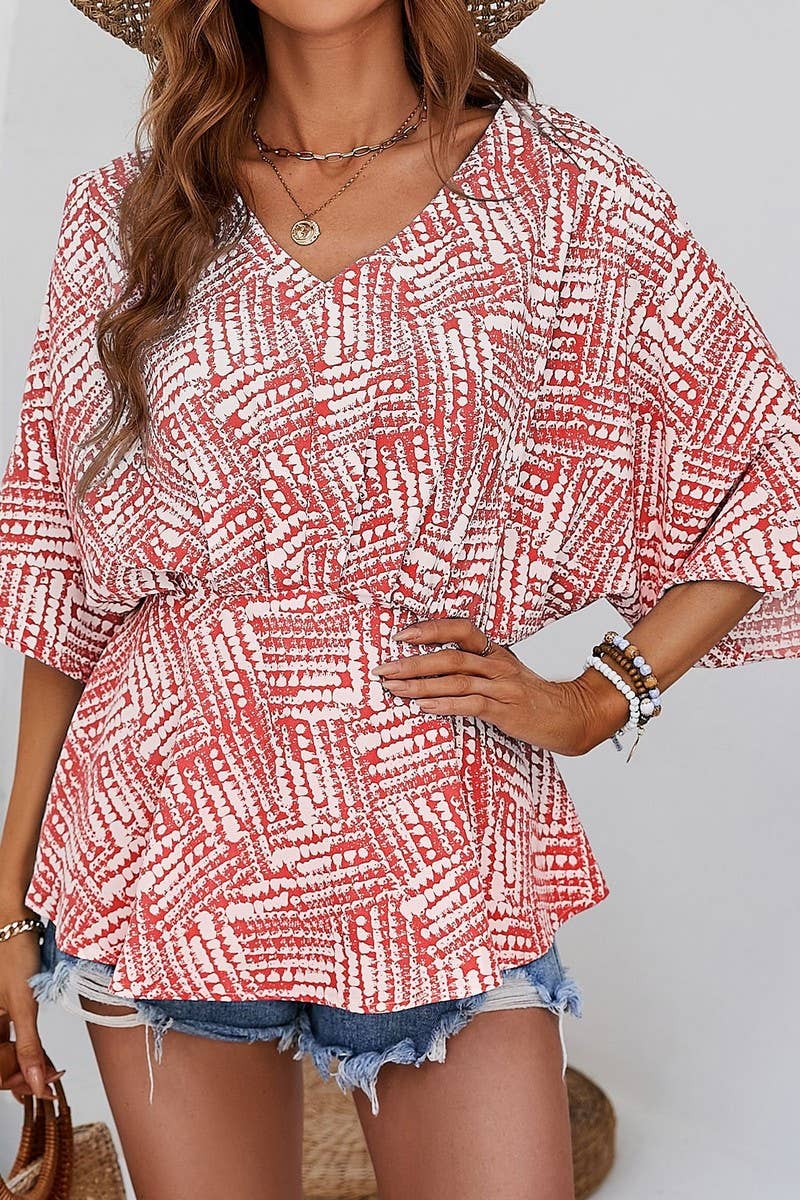 CWTBLS1802_V-NECK BAT SLEEVE LOOSE SHORT-SLEEVED PRINTED TOP