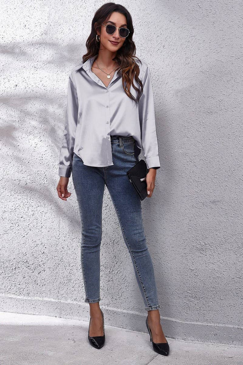 CWTBLL0691_Button Down Silky Satin Long Sleeve Top