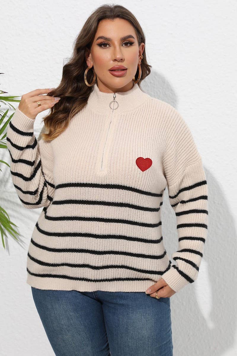 CWOSWL1593_PLUS Size Zip-Up Long Sleeve Pullover Sweater
