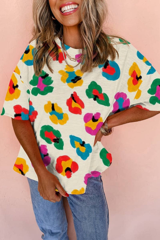 CWTBLS1262_CASUAL CREW-NECK MID-SLEEVE COLOR MATCHING TOP