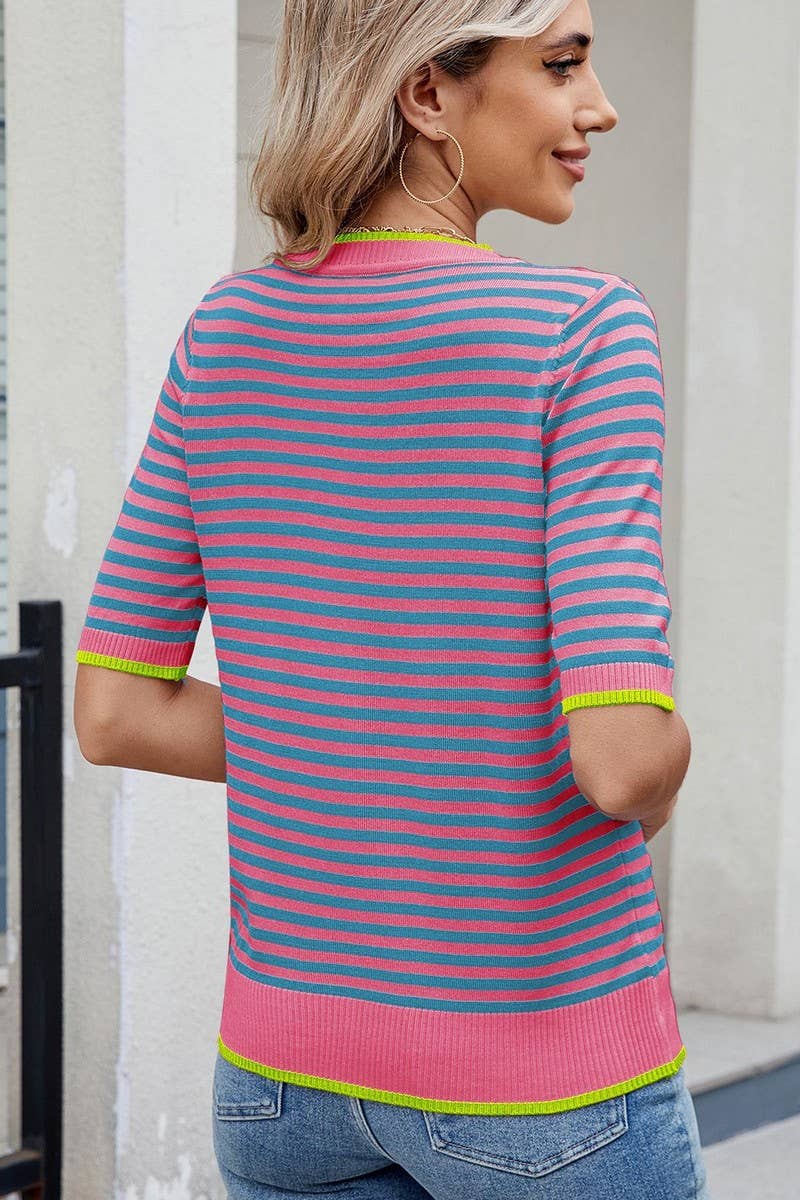 CWTBLS02495_STRIPED KNITTED ICE SILK SHORT-SLEEVED TOP