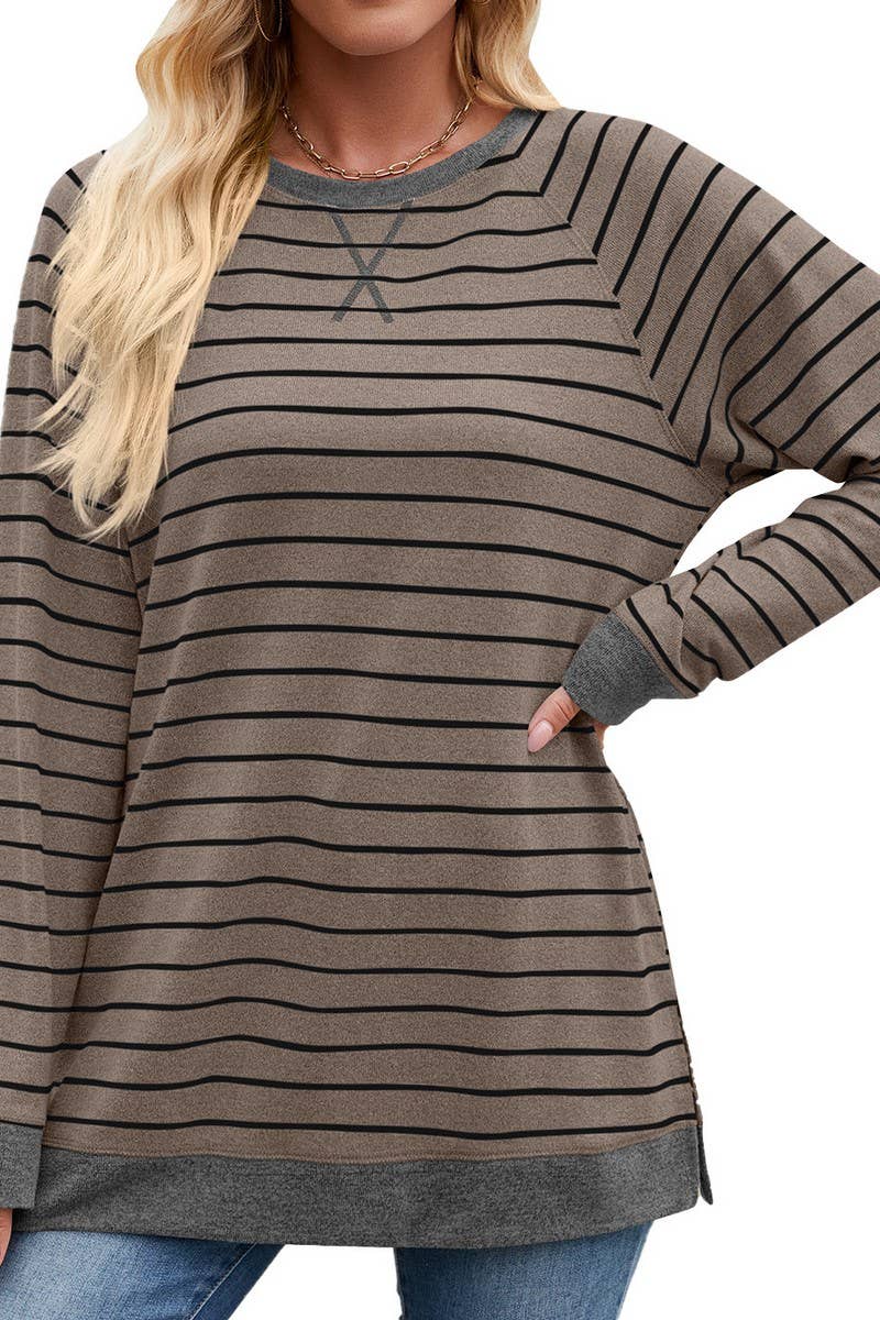 CWTBLL3663_STRIPED PATCHWORK ROUND NECK LONG SLEEVED T-SHIRT