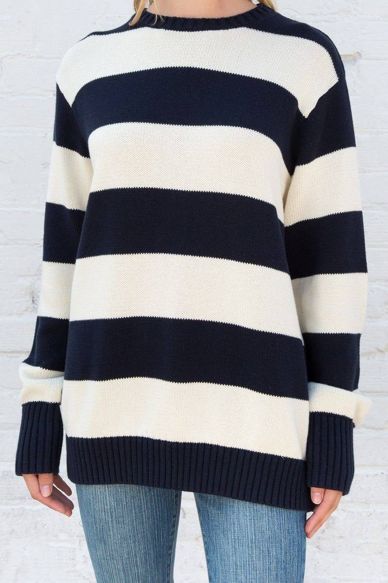 CWOSWL5737_CREW NECK LONG SLEEVE STRIPED KNIT SWEATER