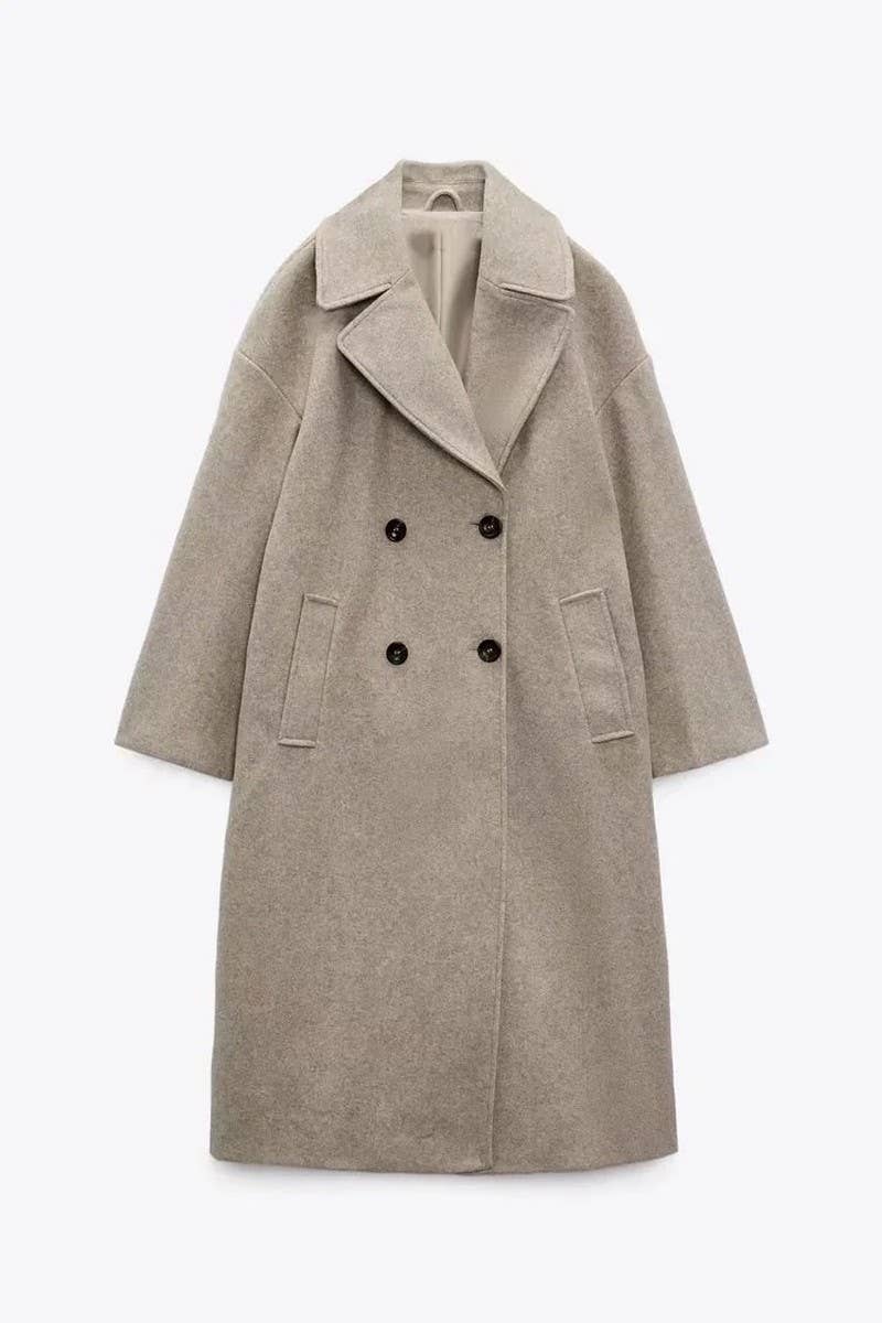 CWOCO1098_SOLID COLOR LAPEL LOOSE DOUBLE-BREASTED LONG COAT