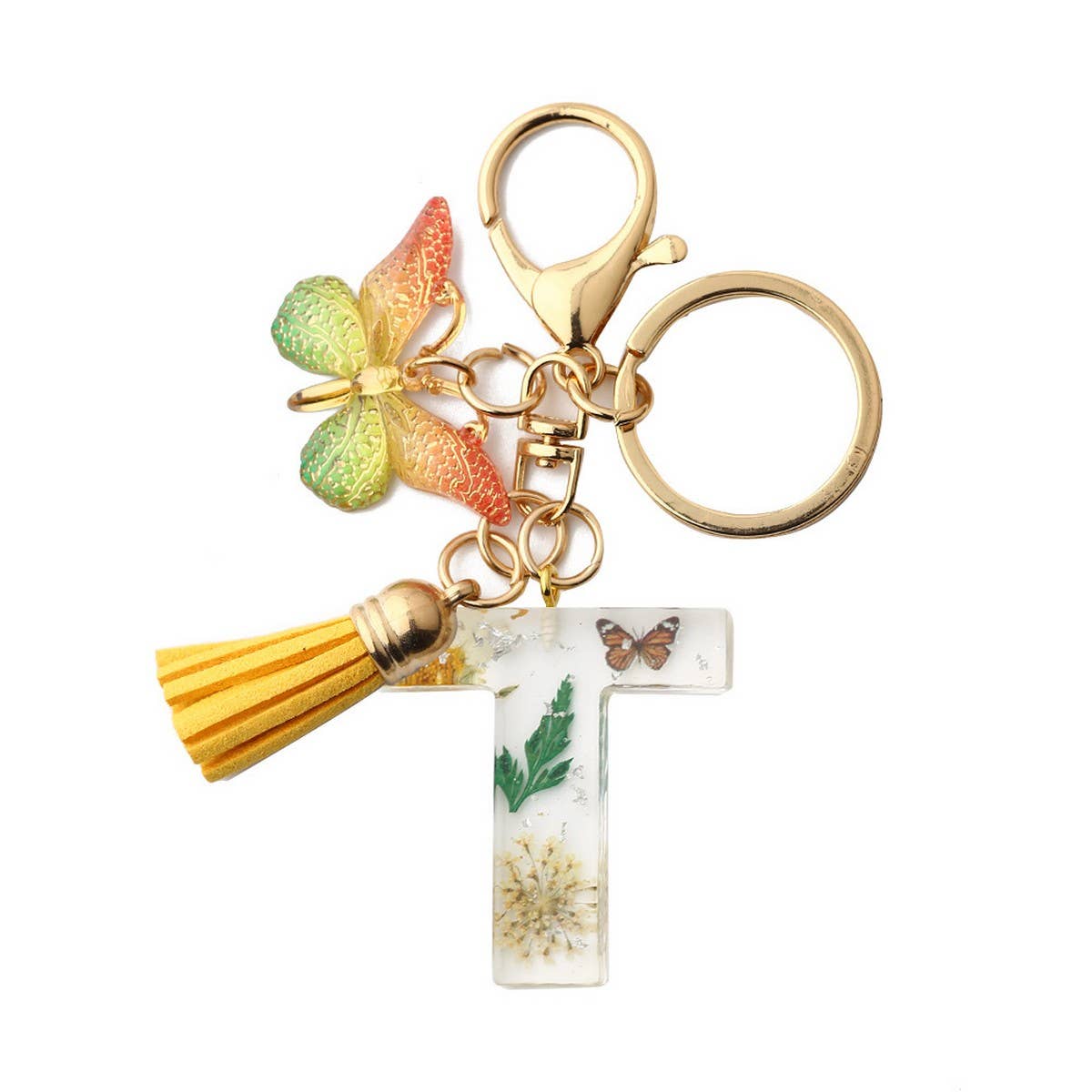 Flower Letter Keychain with Yellow Butterfly Charm_CWAB5090