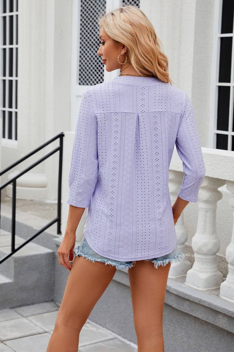 CWTBLL1872_SOLID COLOR V-NECK THREE-QUARTER SLEEVE LOOSE TOP