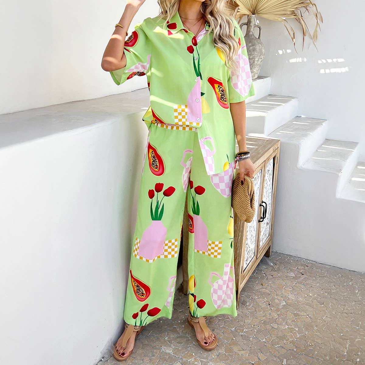 Color contrast printed pants shirt loose suit
