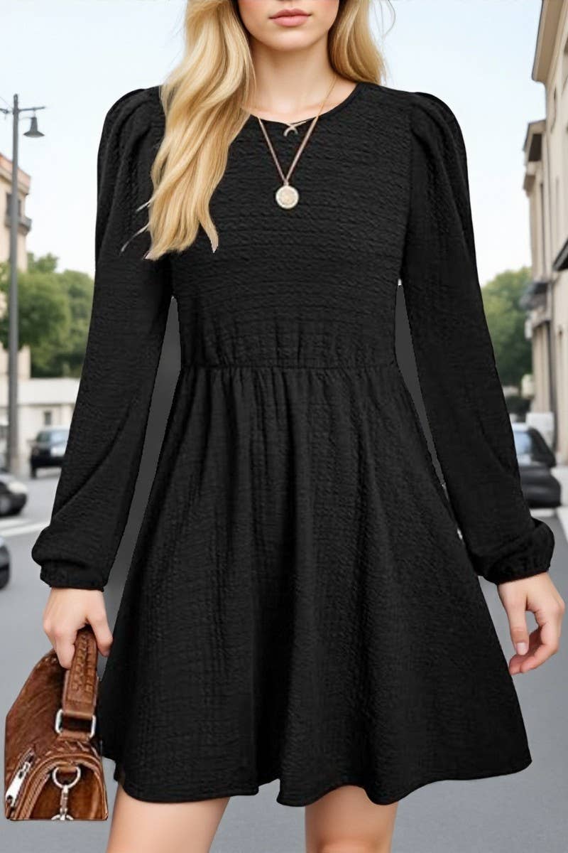 CWDSD10646_PUFF SLEEVE ROUND NECK HIGH WAIST DRESS