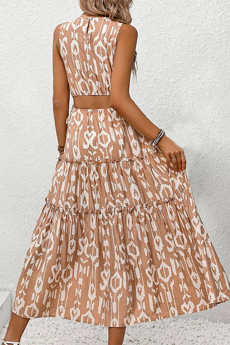 CWDMD2342_SLEEVELESS WAIST-BARING PRINTED LONG DRESS
