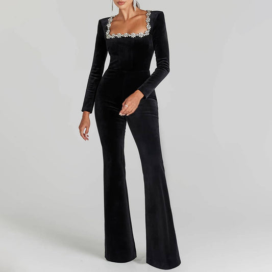 DIAMOND VELVET SQUARE NECK HIGH-WAISTED JUMPSUIT