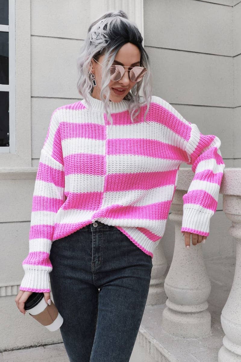 CWOSWL6405_WINTER STRIPED PLAID LONG-SLEEVED SWEATER