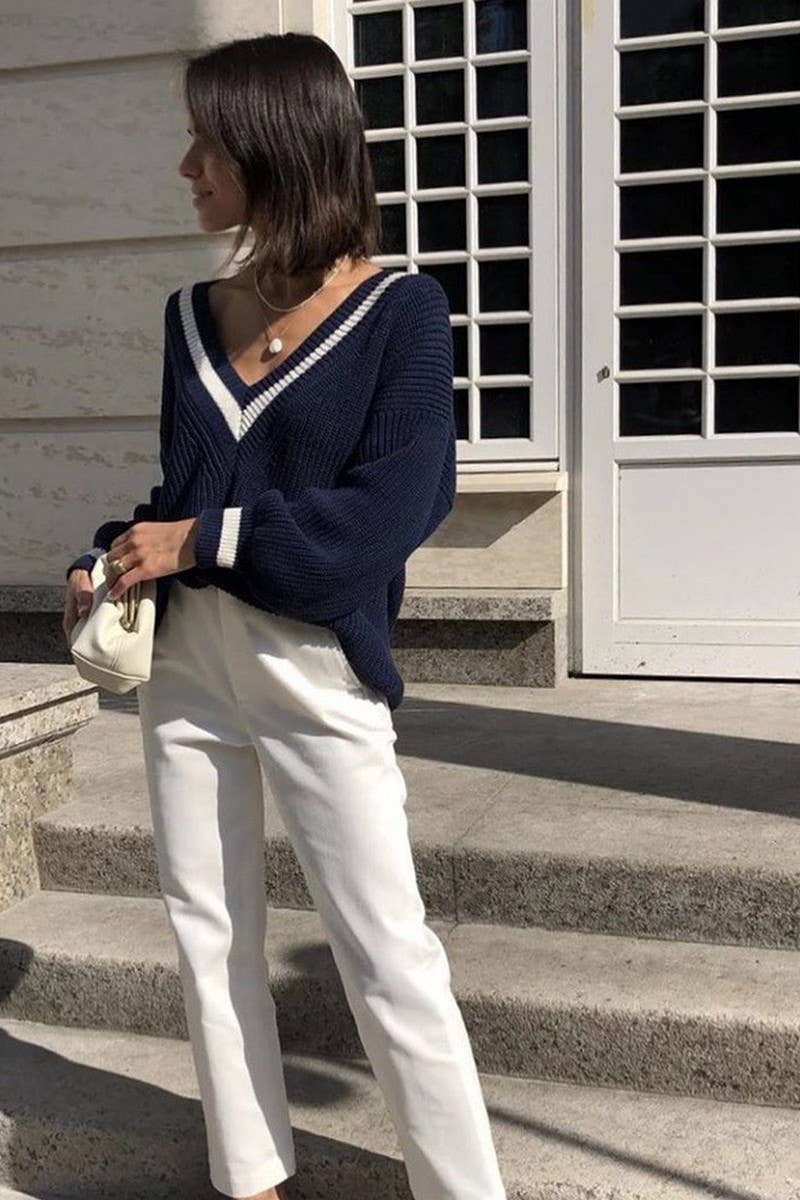 CWOSWL6274_V-NECK LOOSE LONGSLEEVED KNITTED PULLOVER SWEATER