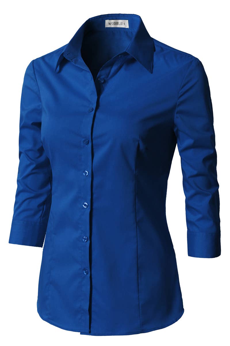 CWTSTS116_Basic Slim Fit Simple 3/4 Sleeve Button Down Shirt