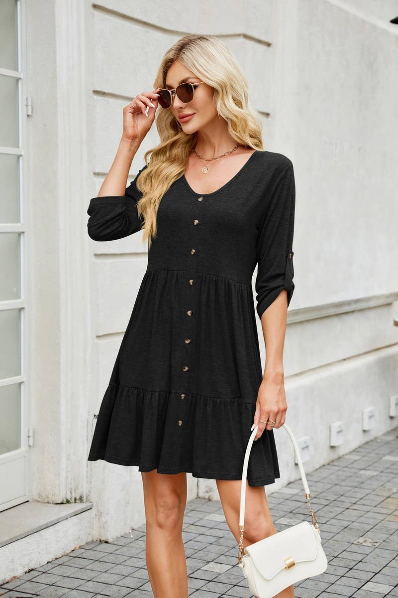 CWDSD8716_V-NECK LONG SLEEVE BUTTON FRONT LOOSE SOLID DRESS