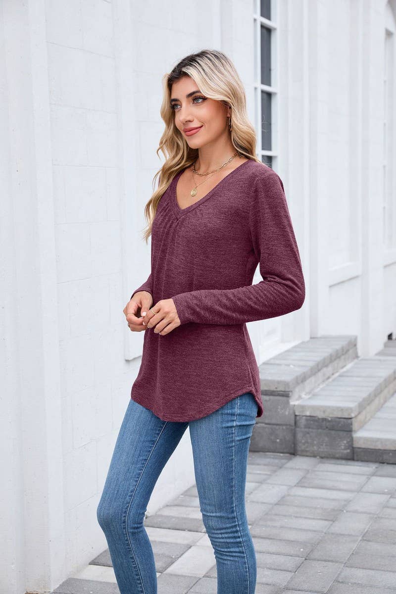 CWTBLL01303_V NECK RUCHED LONG SLEEVE CASUAL LOOSE TEE