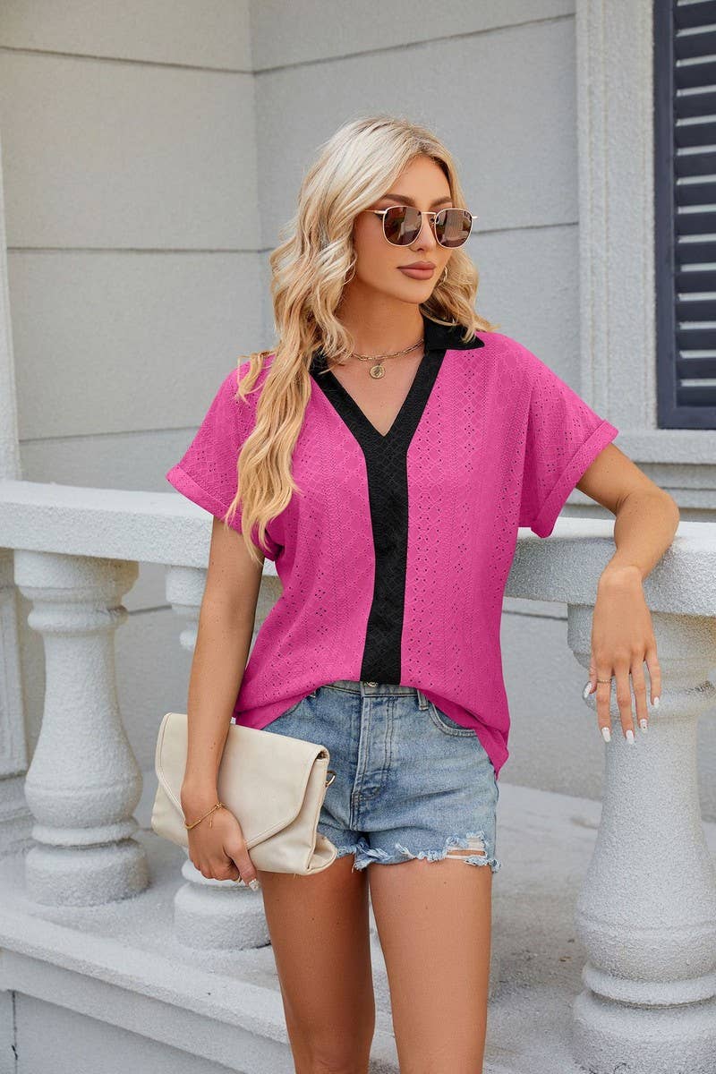 CWTTS0832_V-Neck Short Sleeve Knit Top