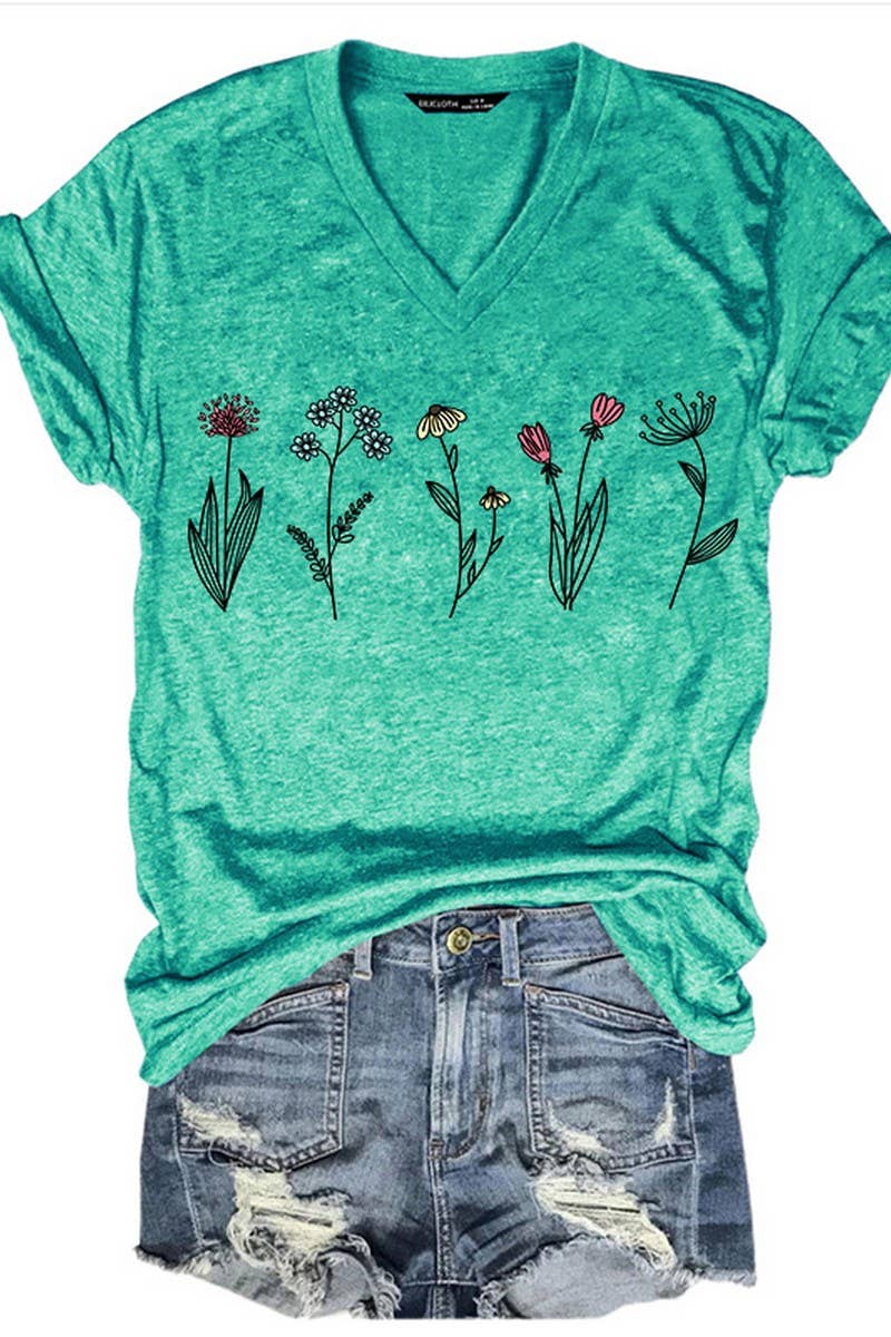 CWTTS1067_SMALL FLOWER PRINT V NECK SHORT SLEEVED T SHIRT