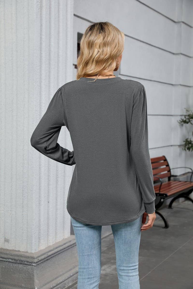 CWTBLL01306_V NECK RIBBED SOLID LONG SLEEVE CASUAL TEE