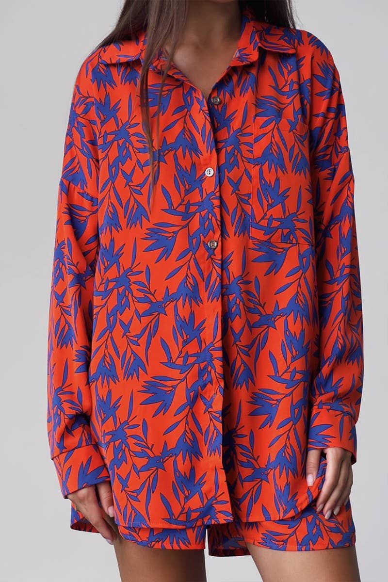 CWSTB1824_ORANGE BAMBOO PRINT SHIRT AND SHORTS SET