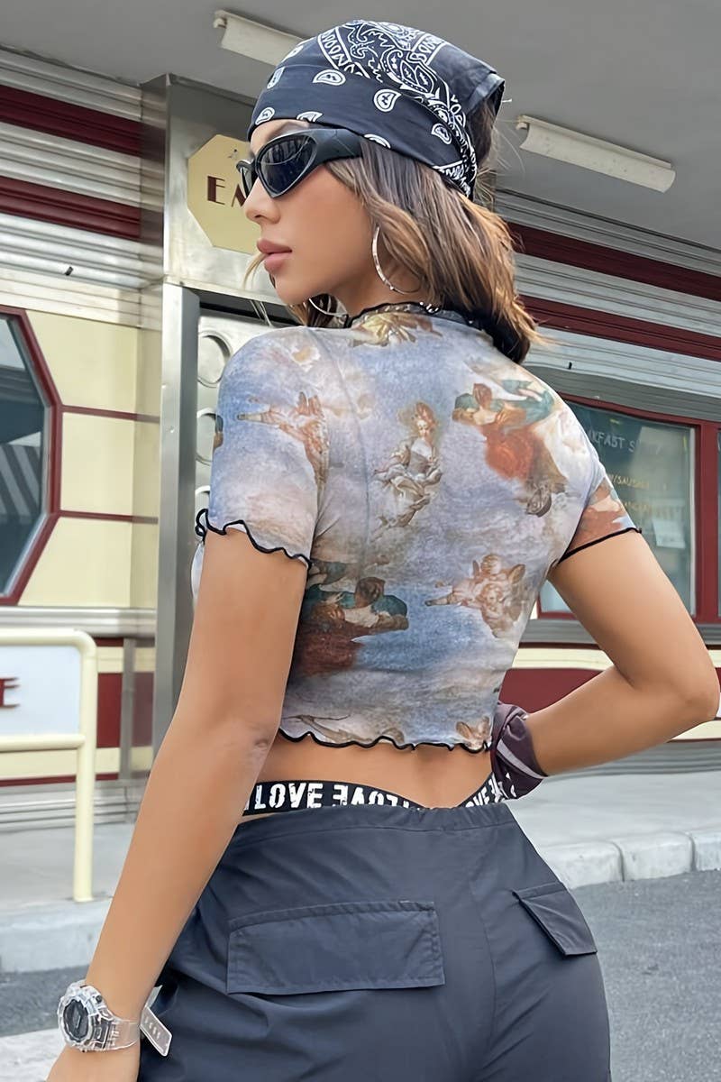 CWTBLS1534_MESH PRINTED RUFFLED SHORT SLEEVE T-SHIRT TOP