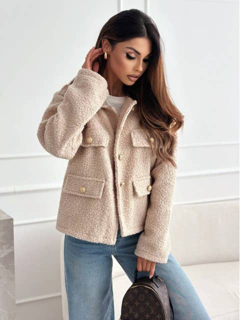 Fashionable solid-color lapel plush coat