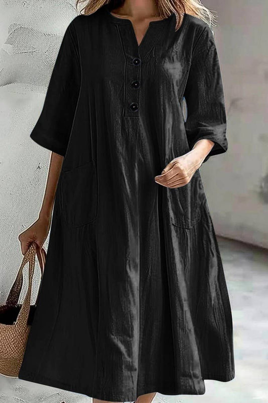 CWDMD01065_V-NECK LOOSE THREE-BUTTON POCKET DRESS