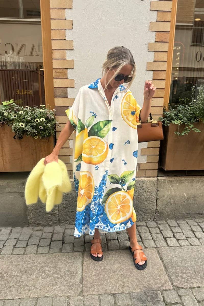 CWDMD946_LEMON PRINT LOOSE SHORT-SLEEVED SHIRT DRESS