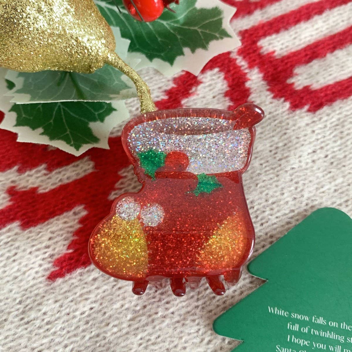 CWAHA07717_CHRISTMAS SANTA SNOWFLAKE HAIR CLAW CLIP RED