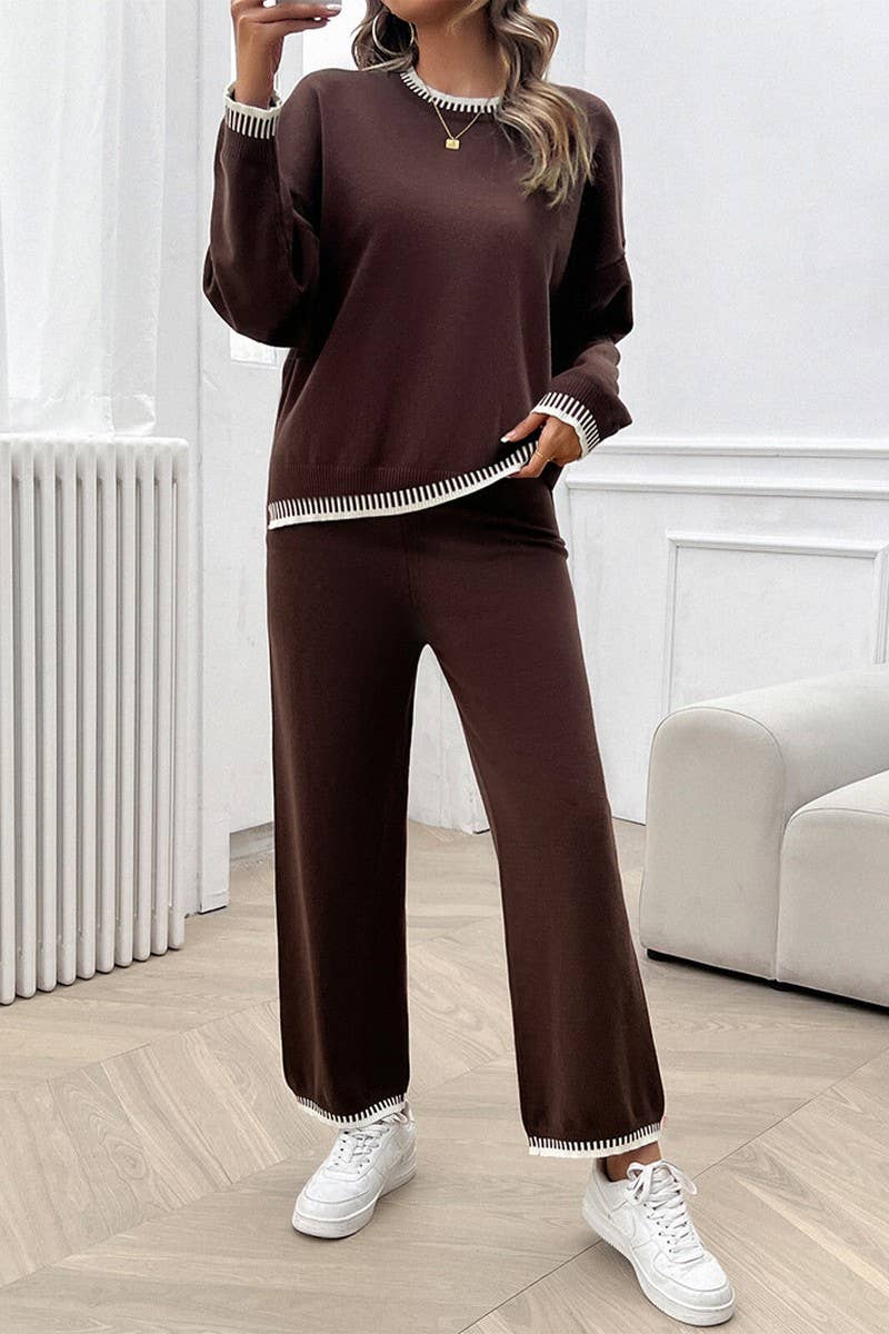 CWSTB0742_CASUAL CONTRAST COLOR SWEATER AND PANTS SET