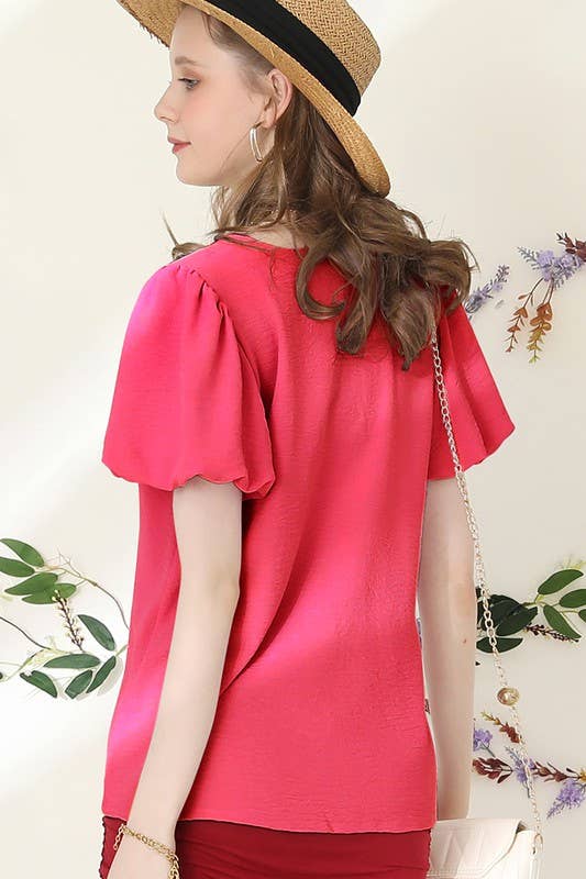 CWTBLS202_V NECK PUFF SHORT SLEEVE BLOUS FORMAL TUNIC TOP