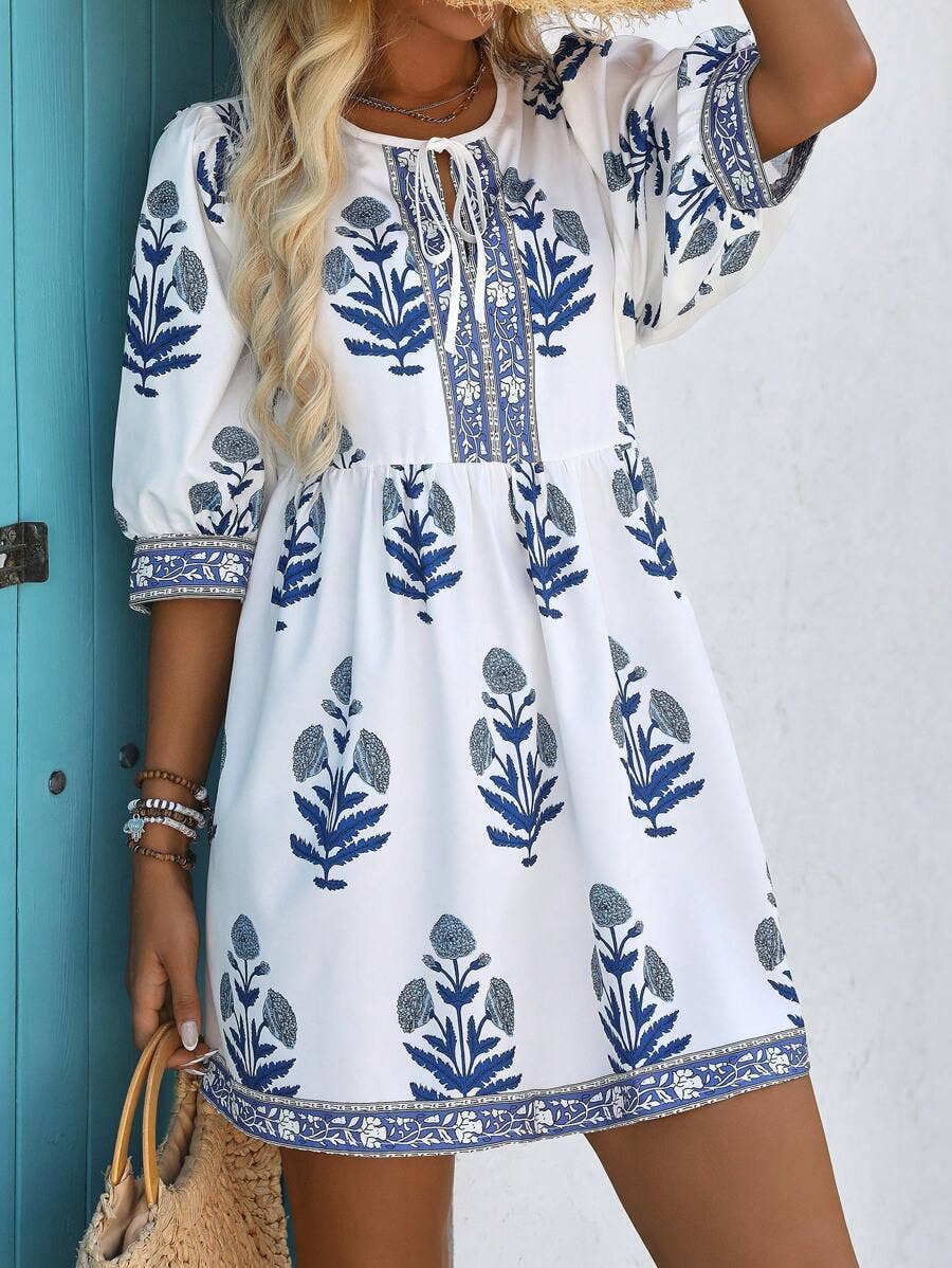 Casual plant printed straight short dress