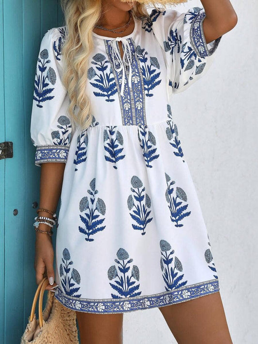 Casual plant printed straight short dress