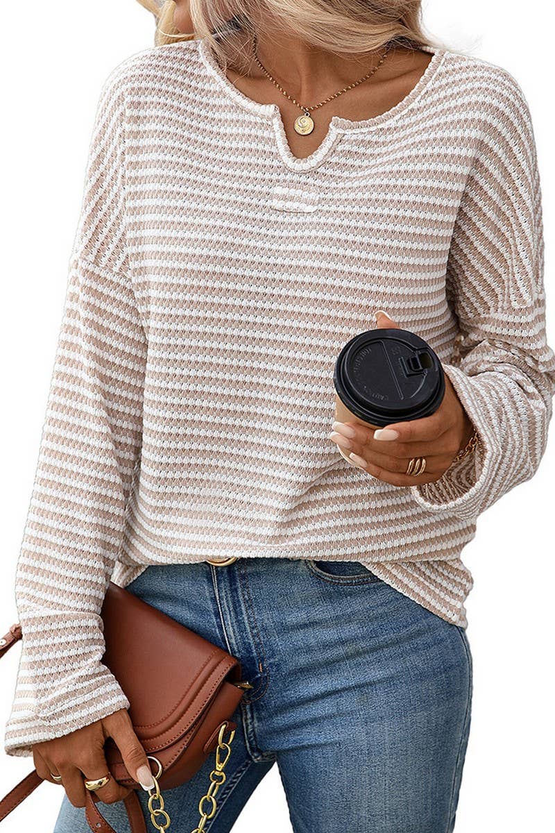 CWOSWL07716_STRIPED WAFFLE KNIT TOP WOMEN CASUAL LONG SLEEVE