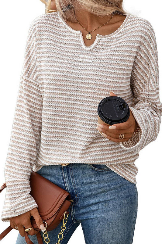 CWOSWL07716_STRIPED WAFFLE KNIT TOP WOMEN CASUAL LONG SLEEVE