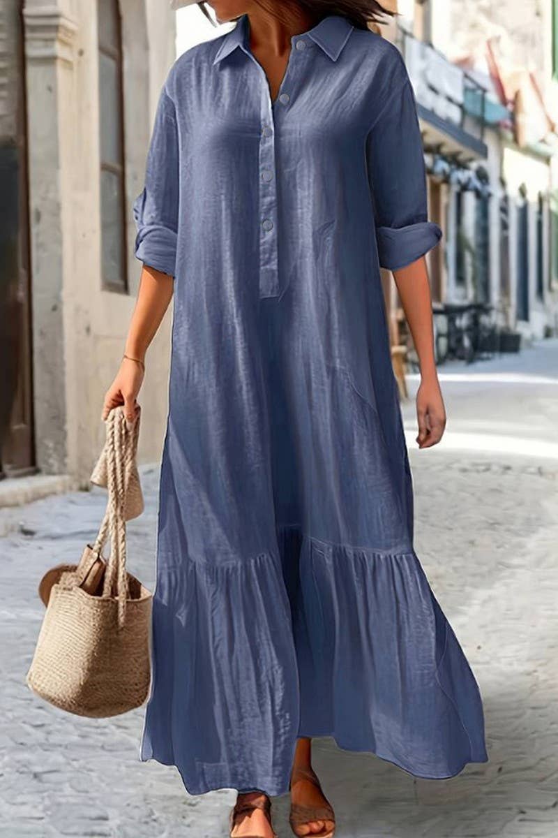 CWDMD01059_TWIST-BUTTON CASUAL IRREGULAR SHIRT COLLAR DRESS