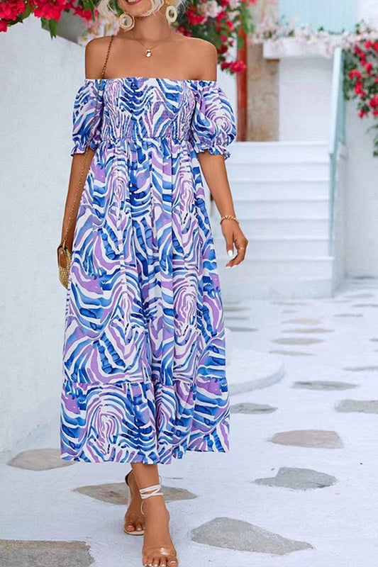 CWDMD5412_OFF SHOULDER FLORAL SMOCKED WAIST MIDI DRESS