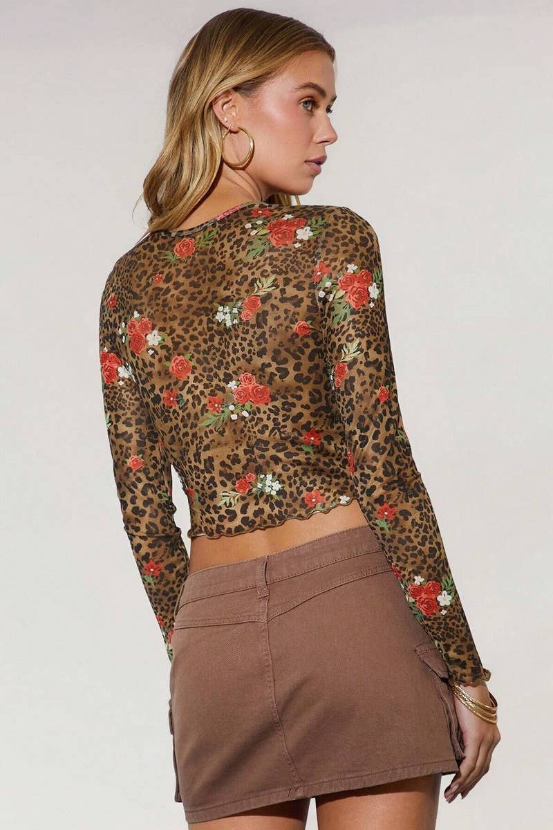 CWTBLL3924_LEOPARD FLORAL MESH SHEER CROP LONG SLEEVE TOP