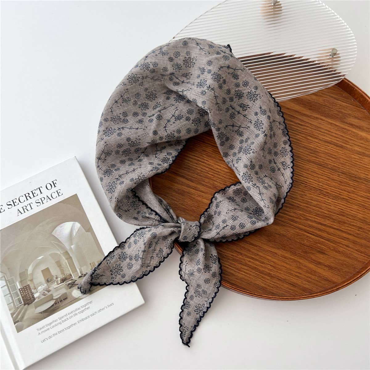 Lace Trim Cotton Linen Floral Triangle Scarf