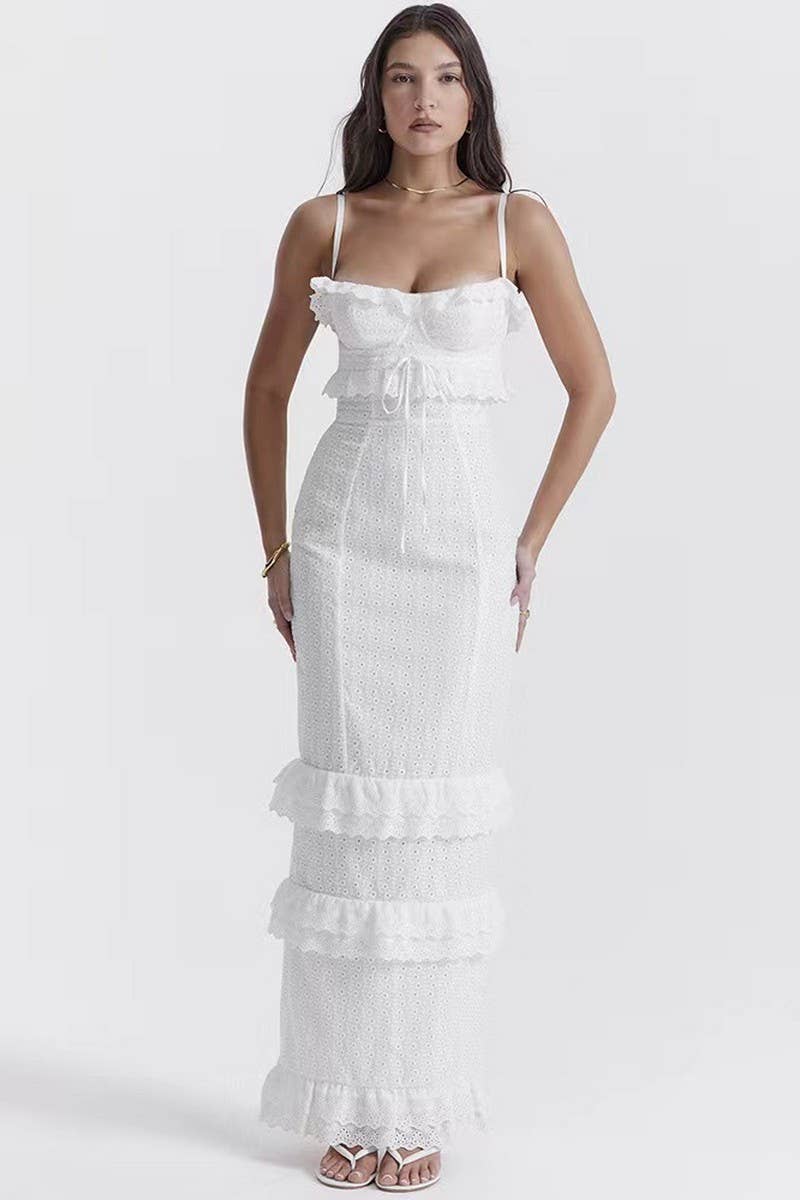 CWDMD3014_WHITE CROCHET SLIM SUSPENDER LONG DRESS