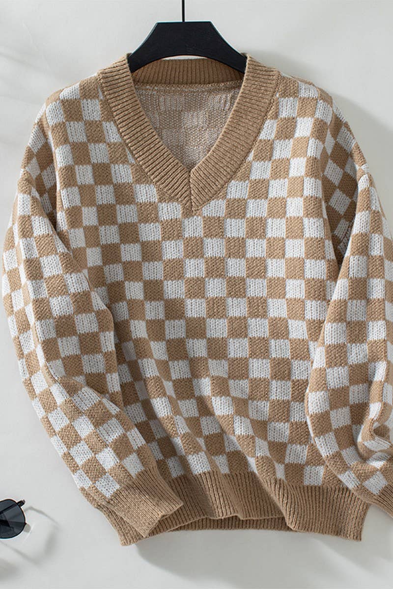 CWOSWL2840_V-NECK CASUAL PULLOVER PLAID KNITTED SWEATER