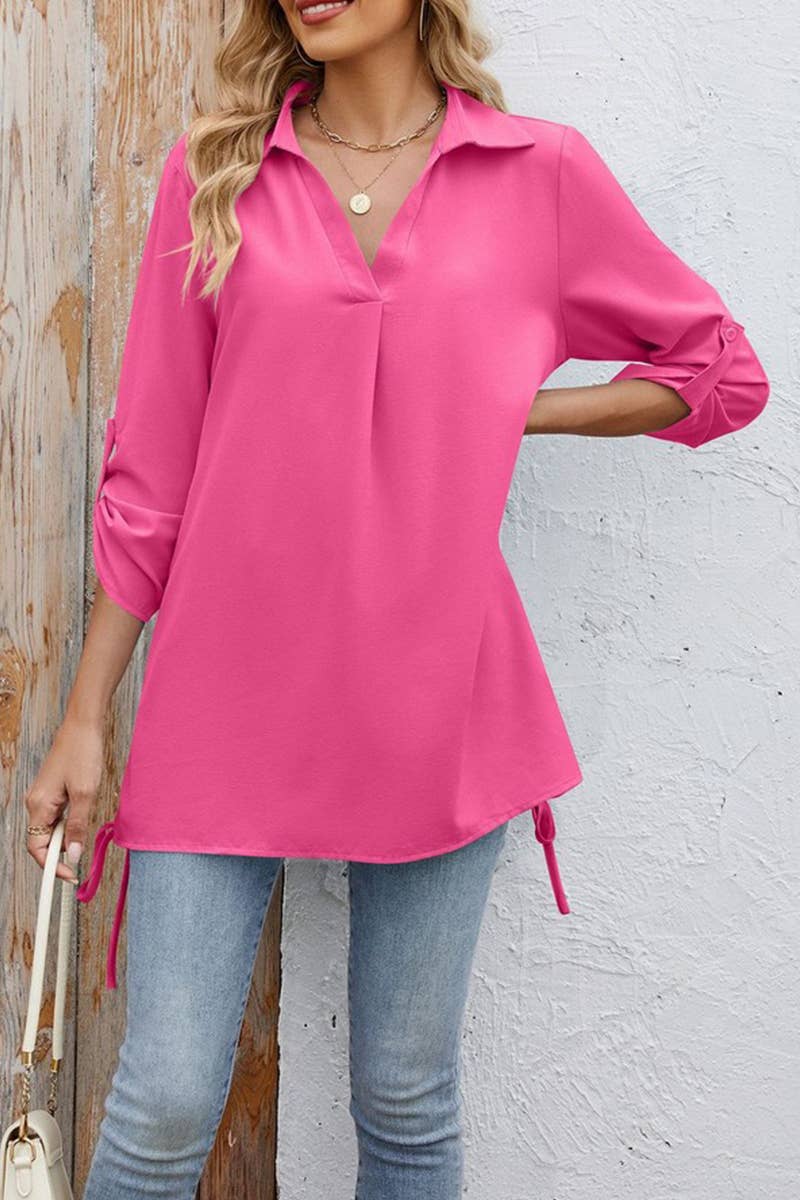 CWTBLS1796_SPRING AND SUMMER SOLID COLOR LAPEL LOOSE SHIRT