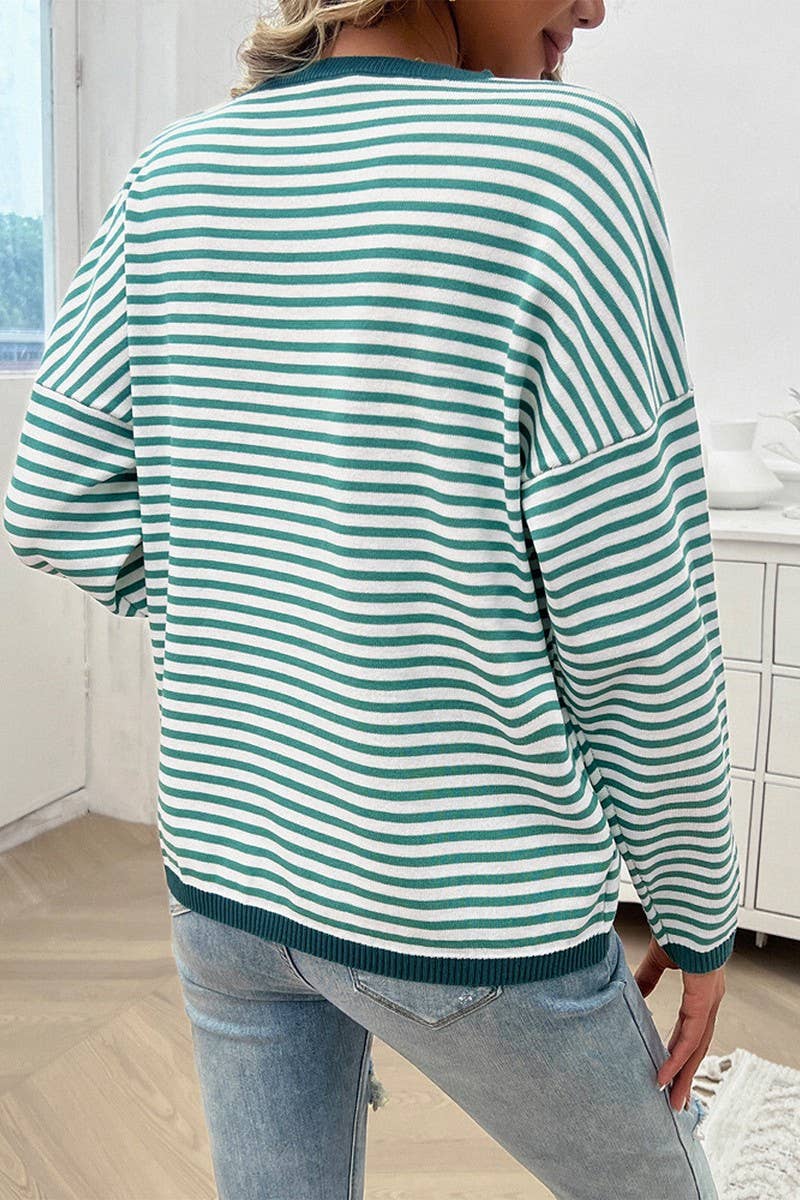 CWOSWL2129_CASUAL ROUND NECK STRIPED KNITTED SWEATER