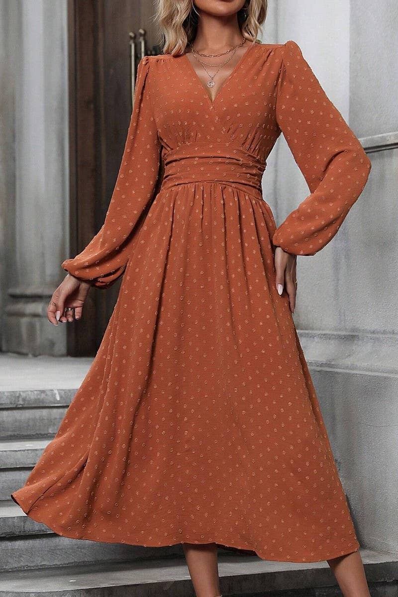 CWDMD3949_SLANTED NECK BALLOON SLEEVES PLEATED WAIST DRESS