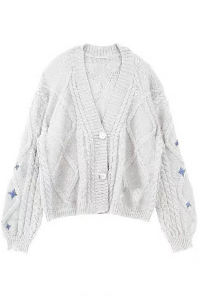CWOCAL1793_V-NECK STAR EMBROIDERY NEEDLE KNIT CARDIGAN