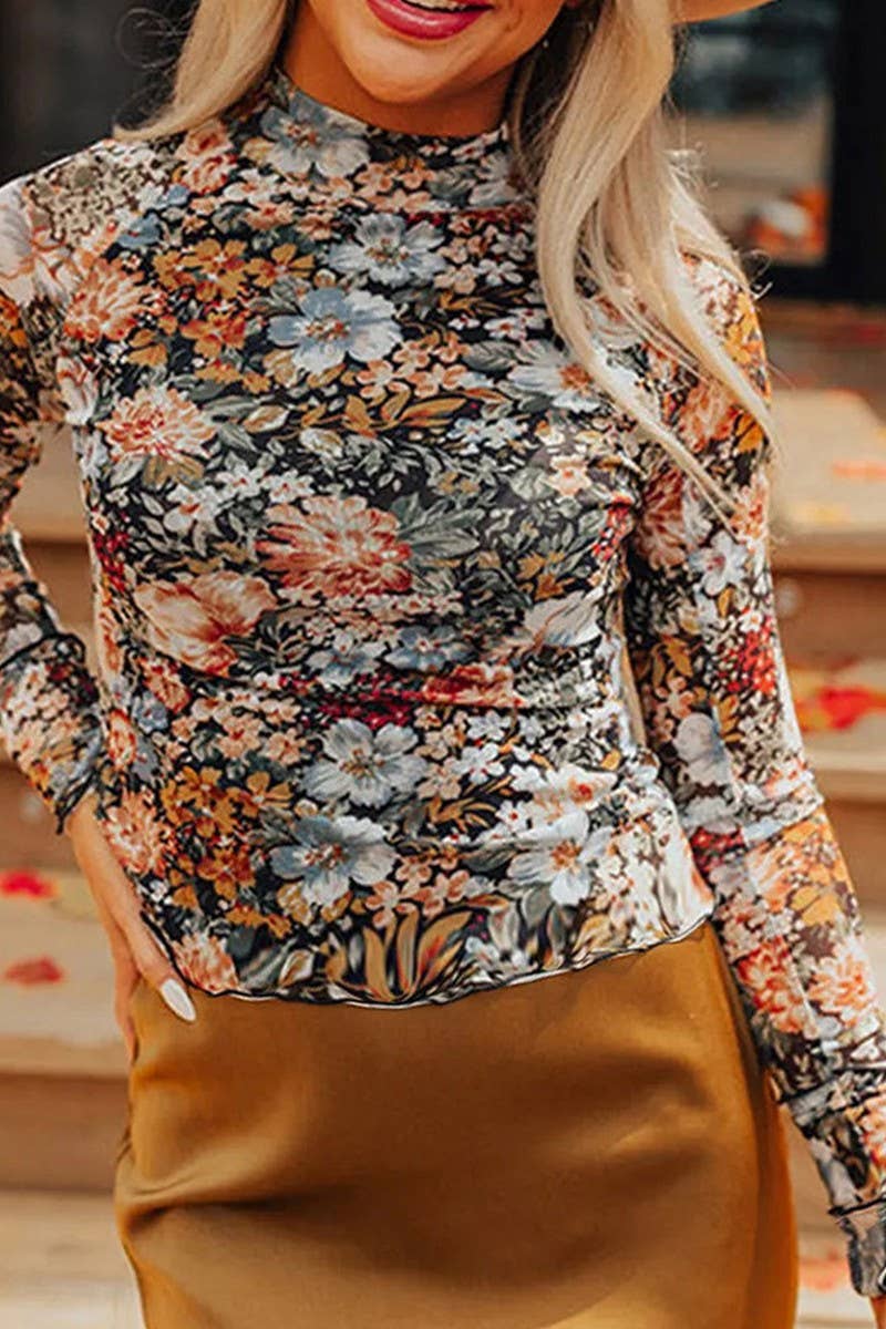 CWTBLL3440_PULLOVER HIGH COLLAR MESH PRINTED BOTTOMING TOP