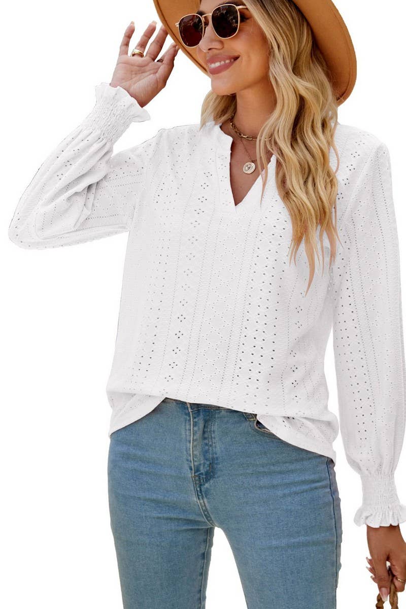 CWTBLL2407_V-NECK HOLLOW PLEATED LOTUS LEAF SLEEVE TOP