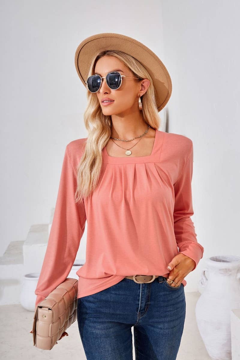 CWTBLL2796_FALL SQUARE NECK PLEATED LONG SLEEVE TOP