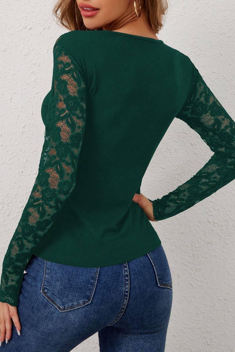 CWTBLL3476_V-NECK LACE PANEL SLIM-FIT LONG-SLEEVED TOP