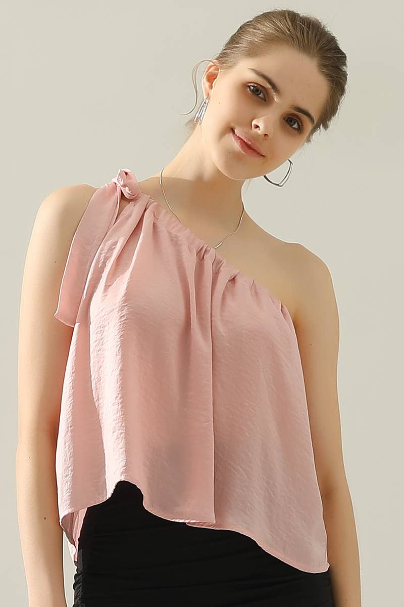 CWTHT028_ONE SHOULDER BOW TIE STRAP SATIN SILK BLOUS TOP