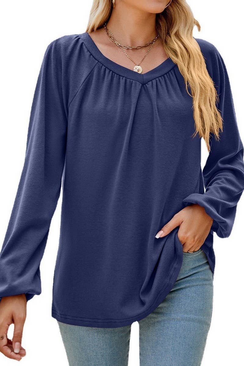 CWTBLL2413_SOLID COLOR LONGSLEEVE V-NECK PLEATED T-SHIRT TOP